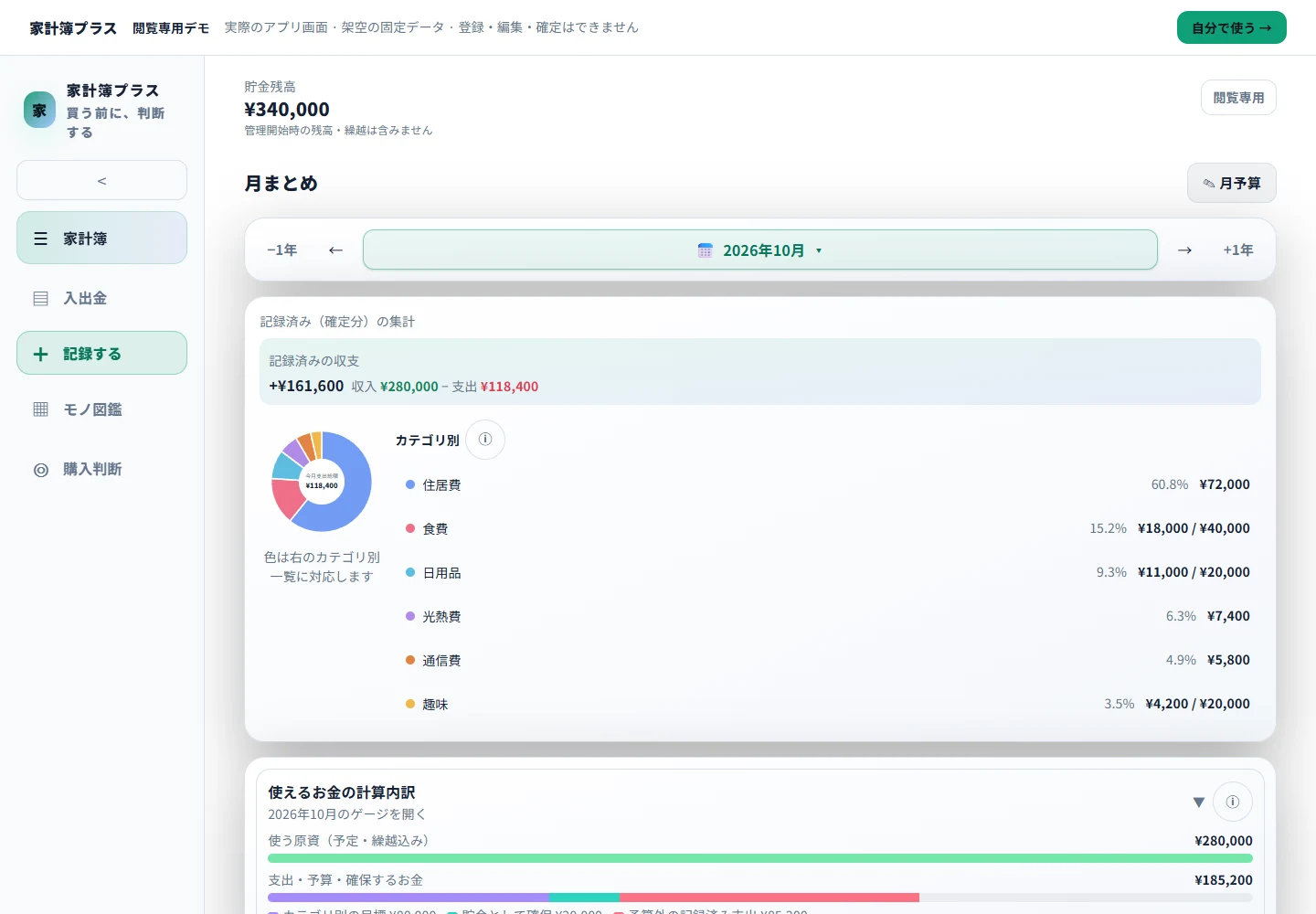 実際の家計簿画面をライトモードで表示。架空の収入・支出とカテゴリ別集計